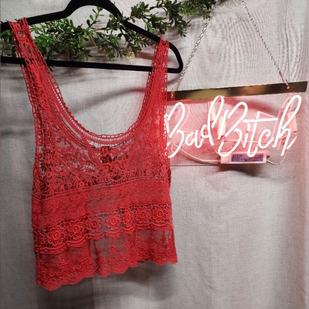 Urban outfitters kimichi blue open back crochet/lace dark orange/red tank top